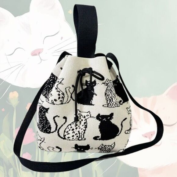 Black White Cat Bucket Bag Shoulder Crossbody Knit Drawstring - Picture 11 of 11